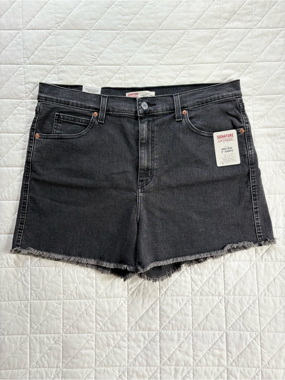 Levi's High-Rise Washed Black Denim Shorts – Distressed Hem - Size 14/32 NWT